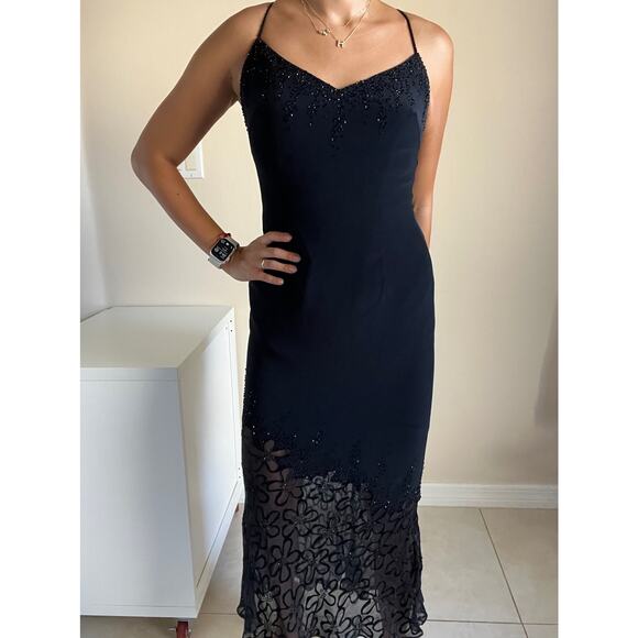 Cache Black Lace Beaded Crisscross Back Evening Formal Mermaid Dress Size 2 - Picture 12 of 15